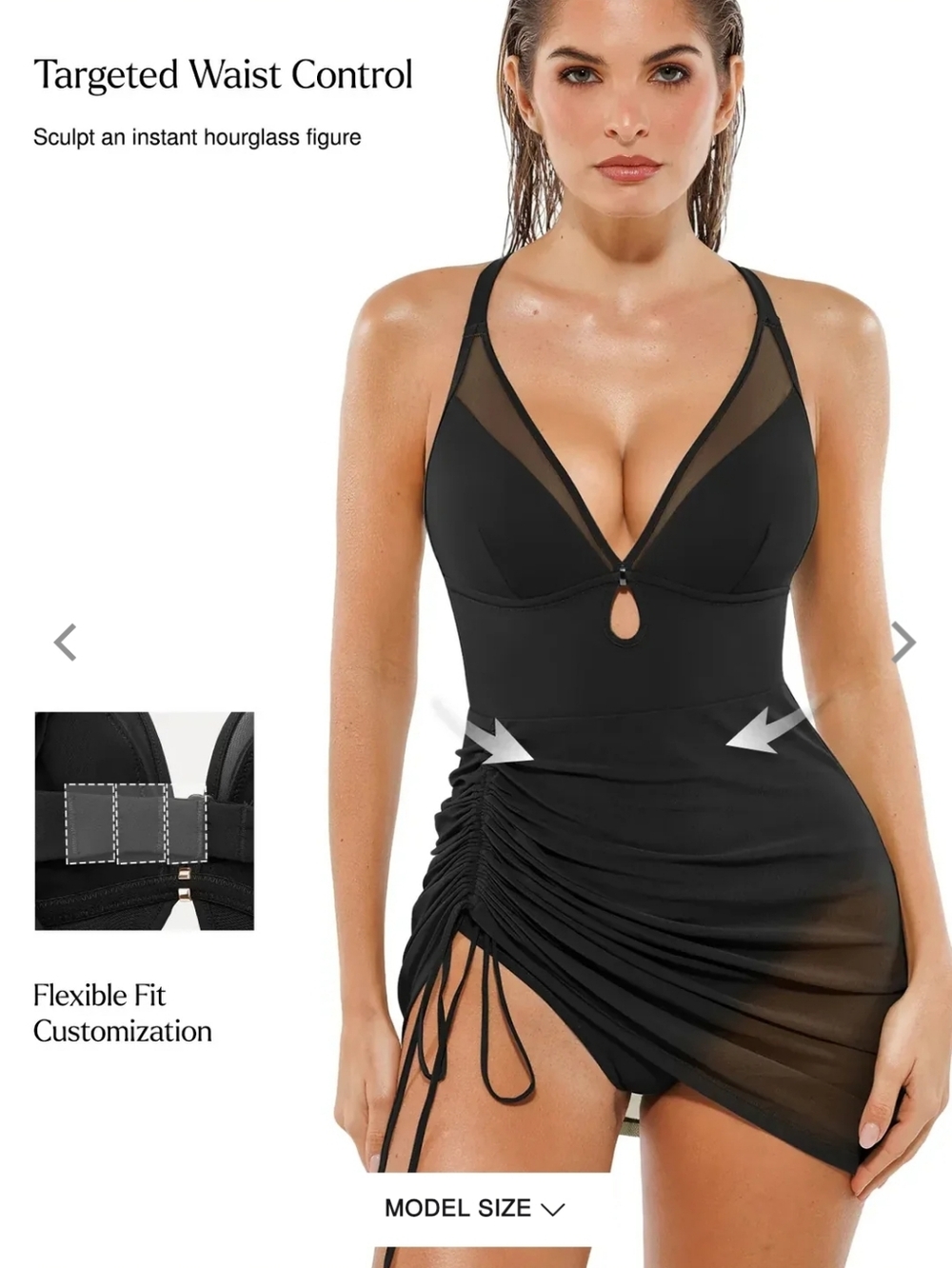 Popilush Sculpting Curve Mesh Skirt Dress One-Piece Swimsuit Black NWT - Picture 2 of 5